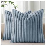 Pallene Faux Fur Plush Throw Pillow Covers 18x18 Set of 2, Luxury Soft Fluffy Striped Decorative Pillow Covers for Sofa, Couch, Living Room, Blue Grey