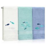 Hahafelt 3 Pack Shoal of Fish Coastal Hand Towels for Bathroom 100% Cotton Embroidered Bathroom Towels 13.78 x 29.53 Inch Soft Absorbent (White Green Blue, Fishes)