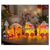 Christmas Table Decorations Indoor Train, Candy Cane Christmas Decorations for Tabletop, Xmas Pink Lighted Centerpieces Table Decorations for Home Outdoor, Xmas Train Decor Figurines