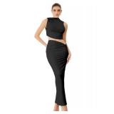 Verdusa Two Piece Sets For Women Going Out Tops and Maxi Skirt Set Vacation Wedding Guest Outfits Black Small