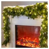6FT Christmas Garland PARTY JOY Pine Garland with 9.8FT LED String Lights, Greenery Plant for Christmas Decorations Table Mantle Background Wall Room Outdoor Indoor Winter Decoration