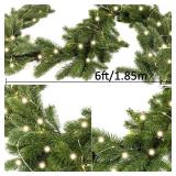 6FT Christmas Garland PARTY JOY Pine Garland with 9.8FT LED String Lights, Greenery Plant for Christmas Decorations Table Mantle Background Wall Room Outdoor Indoor Winter Decoration