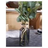 Briful Artificial Eucalyptus Stems in Black Glass Vase with Faux Water, 14 Fake Plant Eucalyptus Leaves for Home Office Farmhouse Wedding Centerpiece Decor