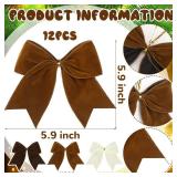 Janinka 12 Pcs Christmas Velvet Bows 6 Inch Rustic Wreath Gift Bows Vintage Xmas Velvet Ribbon Bow Ornaments for Christmas Farmhouse Tree Garland DIY Craft Wrapping Decorative(Rustic Neutral)