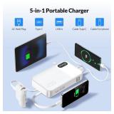 Portable Charger Built in Cables, AC Wall Plug In Portable Charger Power Bank 10000mAh Travel Battery Pack 22.5W Fast Charging for iPhone 16/15/14/13, Samsung Galaxy S24/S23/S22 Pixel LG iPad, White