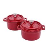 Flavehc Mini Cocotte 16 oz Mini Dutch Oven 0.5 qt. Cast Iron Garlic Roaster for Oven Garlic Confit Pot Ramekins with Lids Oven Safe Set of 2, Red