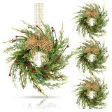 2 Pcs 9 Inch Christmas Wreaths for Kitchen Cabinet Artificial Cedar Pine Hanging Wreath with Red Berries Pine Needles for Front Door Xmas Swag Wreaths for Christmas Winter Farmhouse Home Decorations