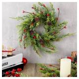 2 Pcs 9 Inch Christmas Wreaths for Kitchen Cabinet Artificial Cedar Pine Hanging Wreath with Red Berries Pine Needles for Front Door Xmas Swag Wreaths for Christmas Winter Farmhouse Home Decorations
