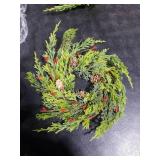 2 Pcs 9 Inch Christmas Wreaths for Kitchen Cabinet Artificial Cedar Pine Hanging Wreath with Red Berries Pine Needles for Front Door Xmas Swag Wreaths for Christmas Winter Farmhouse Home Decorations