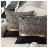 Gujiahone Throw Pillow Covers Set of 2 Black Gold Leather Striped Patchwork Jacquard Cushion Case Luxury Modern Square Decorative Cushion Covers for Sofa Couch Bed Home Decoration 18x18 Inch