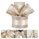 HUIHUANG Champagne Gold Wired Satin Ribbon with Glitter Stripe Edges 2.5 inch, Champagne Christmas Ribbon for Tree, Bows Making, Wreath Supplies, Gift Wrapping Garland, Home Decor, Crafts -10 Yards