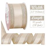 HUIHUANG Champagne Gold Wired Satin Ribbon with Glitter Stripe Edges 2.5 inch, Champagne Christmas Ribbon for Tree, Bows Making, Wreath Supplies, Gift Wrapping Garland, Home Decor, Crafts -10 Yards