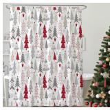 BECAN Christmas Tree Shower Curtain Grey Red Christmas Tree New Year and Merry Christmas Polyester Fabric Bathroom Shower Curtain 72X72 Inches with 12pcs Hooks