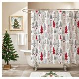 BECAN Christmas Tree Shower Curtain Grey Red Christmas Tree New Year and Merry Christmas Polyester Fabric Bathroom Shower Curtain 72X72 Inches with 12pcs Hooks