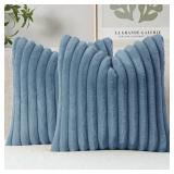 MIULEE Faux Fur Decorative Throw Pillow Covers 18x18 Inch Set of 2, Coastal Modern Art Spring Home Decor Soft Plush Couch Pillows Cozy Fluffy Cushion Covers for Sofa Bed Grey Blue