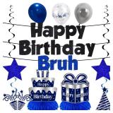 Kuxriox 12Pcs Birthday Decorations for Boys Men, Blue Sliver Happy Birthday Banner, Happy Birthday Bruh Balloons Centerpieces Swirls Party Supplies, Bday Banner Ceiling Table Topper Sign