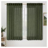 MIULEE Olive Green Linen Curtains 54 Inch Length 2 Panels for Bedroom Living Room, Soft Thick Linen Textured Natural Short Window Drapes Semi Sheer Light Filtering Back Tab Burlap Look Decor