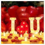 Homemory I Love U Light Up Letters Proposal Decorations, I Love U Sign with 24Pcs Flameless Candles 1000Pcs Red Fake Rose Petals 30Pcs Red Balloons for Valentine