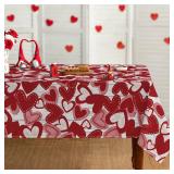 Horaldaily Valentine Tablecloth 60x104 Inch Rectangular, Red Love Hearts White Wood Washable Table Cover for Party Picnic Dinner Decor - Retail: $18
