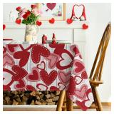 Horaldaily Valentine Tablecloth 60x104 Inch Rectangular, Red Love Hearts White Wood Washable Table Cover for Party Picnic Dinner Decor - Retail: $18