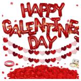 GERMISHUYS Galentines Day Party Decorations, Happy Galentines Day Balloons, Red Pink Heart Banner, 1000 Pack of Red Rose Petals, Lighted Galentines Day Balloons Banner for Galentines Day Decorations