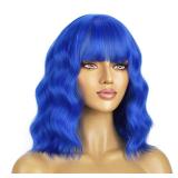 BERON 14 Inches Dark Blue Wig Short Curly Wig Women Synthetic Wigs Blue Wigs with Bangs Hairnet Included - Retail: $20