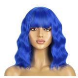BERON 14 Inches Dark Blue Wig Short Curly Wig Women Synthetic Wigs Blue Wigs with Bangs Hairnet Included - Retail: $20