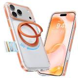 TORRAS 360 Magnetic Stand for iPhone 17 Pro Case, [Rotatable Sturdy Kickstand][Fit for MagSafe][4X Mil-Grade Shockproof] Slim Transparent Phone Cover, Camera Button, Clear Orange, Ostand O3 Fitness - 