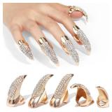 10 Pcs Gothic Punk Halloween Costume Accessories Adjustable Claws Ring Set, 3 Sizes Fake Nails Crystal Full Finger Rings for women Men Nail Art Vampire Cat Wolf Cosplay Party (Golden) - Retail: $16