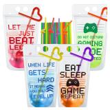 24 Pcs Video Game Party Favors Cups Video Gaming Themed Plastic Drink Pouches with Straws Clear Zipper Bags Reusable Pouches for Birthday Decor Party Favors Gift Prizes (Red/blue/green/orange) - Retai