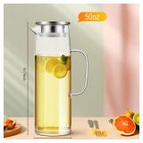Hsei 1 Glass Pitcher with Lid, 50 oz / 1500 ml Water Carafe with Handles Hot Cold Beverage Water Jar Glass Jug for Tea Juice Milk Coffee Iced Beverage - Retail: $32
