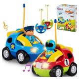 Prextex 2 Pack Cartoon Remote Control Cars for Toddlers - Police Car and Race Car with Steering Wheel Controllers and Lights - Different Frequencies So Both Can Race Together - Toddler Gift 18+ Months
