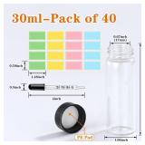 Asherxin 1oz Clear Glass Vials with Lid 40pcs 30ml Screw Caps Sample Bottle with 2 Extra Long Scaled Glass Droppers & 32 Colorful Lables for Essential Oil
