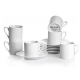 Klikel Espresso Cup And Saucer Set - White Cappuccino Demitasse - Small Coffee Cups For Cuban Coffee or Italian Espresso - Set Of 6