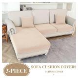 LA MEACK Couch Cushion Covers for Sectional Sofa L Shape Washable Separate Seat Chaise Couch Cover Stretch Sofa Slipcovers with 2 Pcs Pillowcases(2 Seater + 1 Chaise, Natural) - Retail: $44