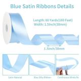 Blue Ribbon 1 1/2 Inch 60 Yards Light Baby Blue Satin Ribbon for Baby Bridal Shower Nursery Party Decor Beach Wedding Bows Crafts Flower Bouquet Gift Wrapping Wreath - Retail: $9