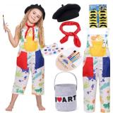 Tacobear Kids Artist Costume with Overalls Berets Beard Bow Tie Paint Bucket Brush, Halloween Career Day Dress Up for Boys Girls - Retail: $23