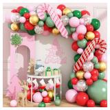 Christmas Balloon Garland Arch kit for Girls, Dark Sage Green Pink Red Gold Snowflake Xmas Balloon Arch with Red Pink Candy Cane Foil Balloons Set for Women New Year Holiday Birthday Party Decorations