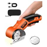 LKCTB Electric Cardboard Cutter Scissors with LED Light, 2600mAh Rechargeable Battery, Brushless Motor, Tungsten Steel Blade, Cuts Cloth, Leather, Carpet, light orange - Retail: $34