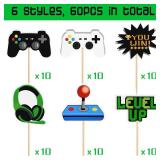 MIAHART 60 Pcs Video Game Themes Cake Toppers 6 Styles Cupcake Picks Decorations for Kids Gaming Birthday Fans Party Favors - Retail: $8