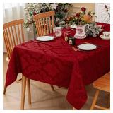 Romanstile Christmas Jacquard Rectangle Tablecloth with Red Flower - Waterproof Damask Vintage Floral Table Cloth, Xmas Decorative Table Cover for Dinner/Parties/Holiday - 60 x 84 Inch - Retail: $16