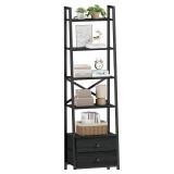 Furologee 5-Tier Ladder Shelf with 2 Drawers,Narrow Bookshelf Storage Shelves,Industrial Bookcase Freestanding Rack Units for Bedroom,Living Room,Bathroom,Home Office,Balcony,Wood Metal, Black Oak - R