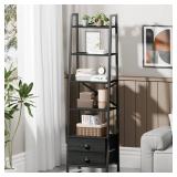 Furologee 5-Tier Ladder Shelf with 2 Drawers,Narrow Bookshelf Storage Shelves,Industrial Bookcase Freestanding Rack Units for Bedroom,Living Room,Bathroom,Home Office,Balcony,Wood Metal, Black Oak - R