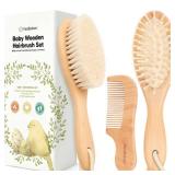 Baby Hair Brush Set for Newborns - Soft Goat Bristle Wooden Baby Brush and Comb Set Newborn Grooming Kit for Cradle Cap, Durable & Gentle, Boy, Girl Infant Essentials Care Kit (Oval, Walnut) - Retail: