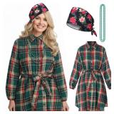 Mepase 3 Pcs Christmas Holiday Costume for Women Vintage Long Sleeve Dress Floral Cap Pearl Necklace Xmas Party Outfit (XL) - Retail: $39