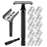 SHAVING REVOLUTION Long Handle Double Edge Safety Razor - Butterfly Open Razor  Japanese Stainless Steel Double Edge Blades - Close, Clean Shaving Razor Men., Black Long Handle