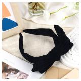 Bow Headband for Women Girls Kids Black Velvet Knotted Headband Non Slip Embellished Wide Top Knot Hairband for Thin Thick Long Short Curly Hair Accessories Party Decoration Fashion Hair Bow Head Wear