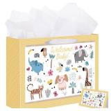 woric 14.5" Baby Gift Bag for Baby Shower with Tissue Paper and Greeting Cards for Boys Girls Birthday Party(Cute Animals)