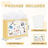 woric 14.5" Baby Gift Bag for Baby Shower with Tissue Paper and Greeting Cards for Boys Girls Birthday Party(Cute Animals)