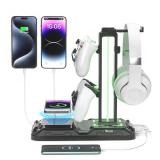 KDD Headphone & Controller Stand with Wireless Charging - Rotatable Headset Stand with 9 Light Modes - Controller Holder with 2 USB and Type C Ports - for Gamers Desktop Accessories